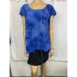 Dressbarn Blue Tie Dye Sequin Lace Trim Short Sleeve Blouse Plus Size 2X